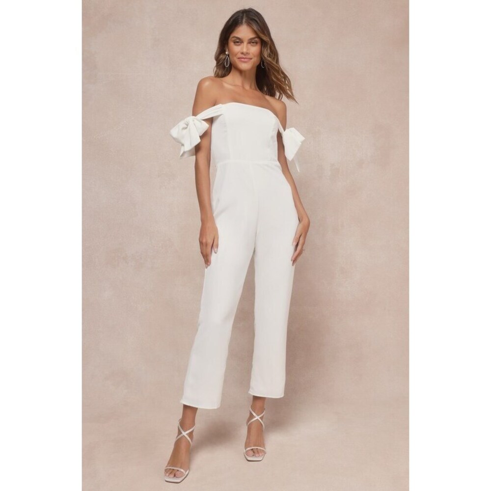 Lulus Luxe Behavior White Off-the-shoulder Tie-strap Cropped Jumpsuit - Size S